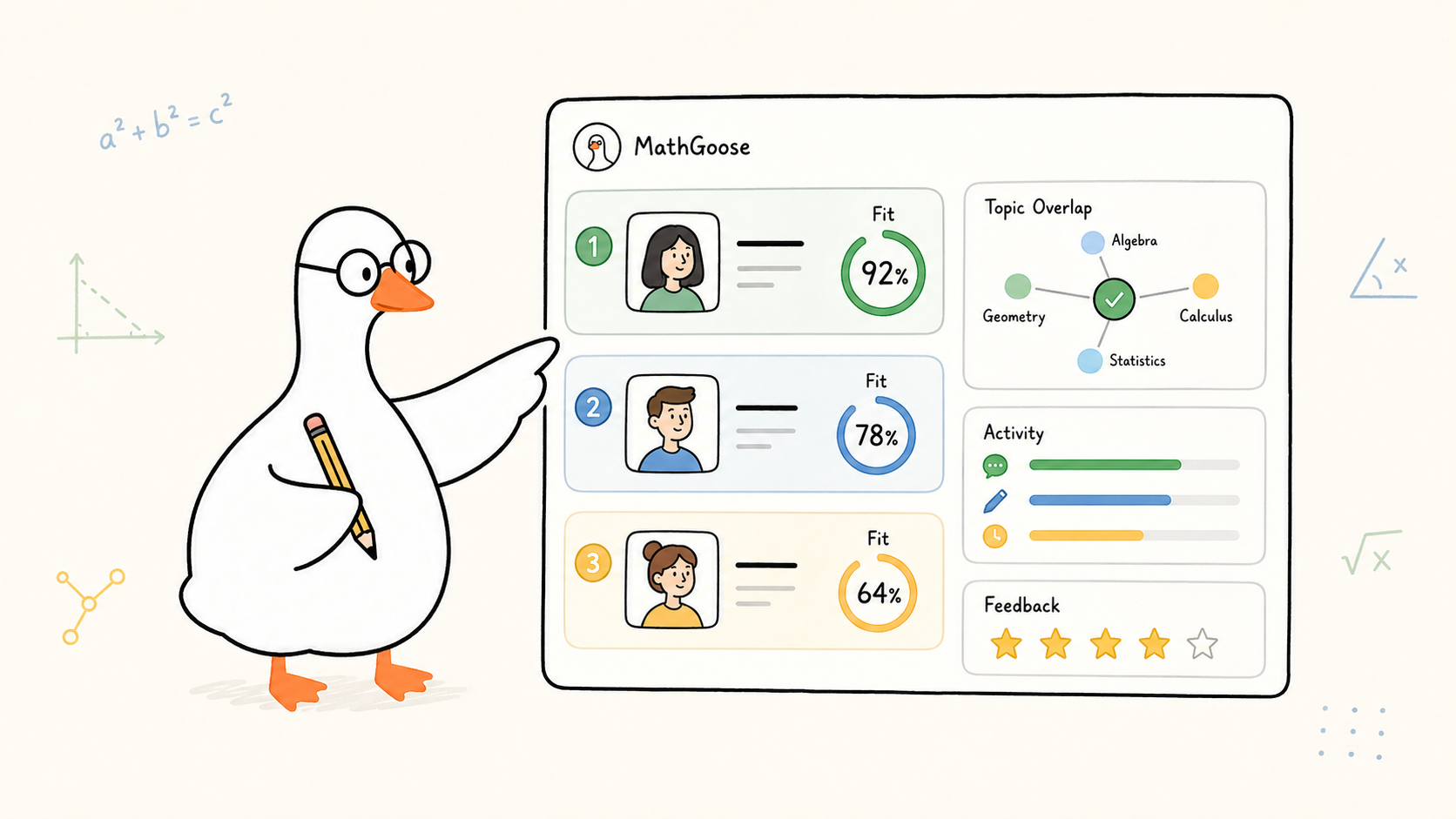 Goose explaining the MathGoose tutor matching dashboard